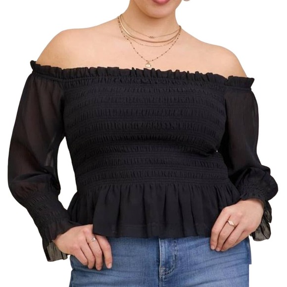 torrid Tops - NWT! Torrid Crinkle Chiffon Smocked Waist Off Shoulder Crop Top Black Plus 4x